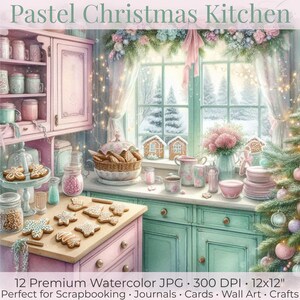Pastel Christmas Kitchen Interior Watercolor JPG • Shabby Chic Holiday Baking Scene • Gingerbread Cookies, Coquette Bows, Vintage Mint Décor