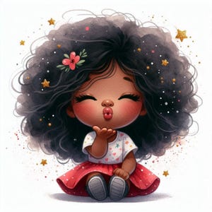 Quirky Cute Black Girl Clipart, Cute Afro Whimsical Girl, Printable Watercolor, High-Quality JPG, Paper Craft, Junk Journal, print