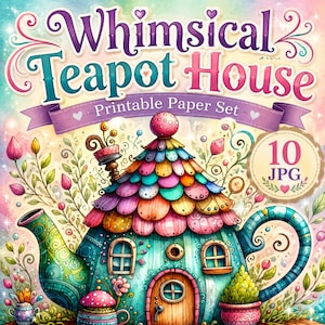 Può includere: Un'illustrazione stravagante di una casa a forma di teiera con un tetto colorato a strati e una porta rotonda. Il testo "Whimsical Teapot House Printable Paper Set" è visualizzato sopra la teiera. Un emblema circolare indica "10 JPG". L'immagine è piena di elementi floreali e pastello.