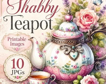 Shabby Chic Teapot Printable Images, 10 Watercolor Tea Set JPGs for Junk Journal, Card Making and Tags