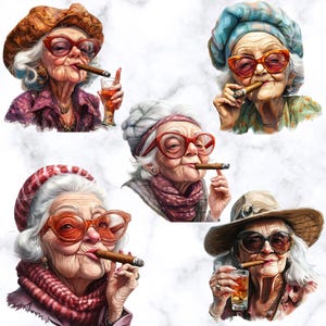 Lustig alte Dame Clipart 10 PNGs, Print-on-Demand, Oma Clip Art, Junk Journal, ältere Menschen Kunst, Sammelalben, schrulliges Geschenk, alte Hippie Dame