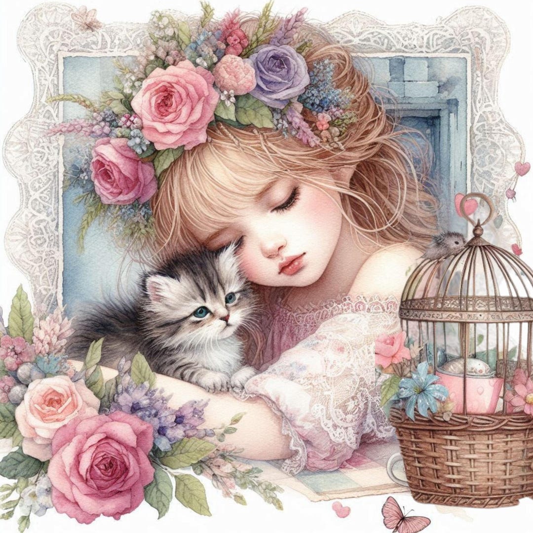 Shabby Chic Girl With Kitten Clipart Bundle/10 Watercolour JPG Junk ...