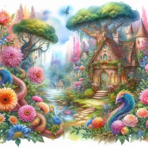 Pakiet clipartów „Fantasy Flower Garden”/10 akwarelowych obrazów JPG/Junk Journal/Scrapbooking/Tworzenie kartek/Papier cyfrowy/Materiały do druku/Sztuka cyfrowa/Wydruki