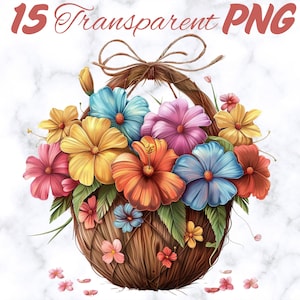 Imágenes prediseñadas de flores de primavera en acuarela en una canasta de coco, 15 imágenes prediseñadas florales PNG, imágenes prediseñadas florales de primavera, imágenes prediseñadas de jardín, flores clipart