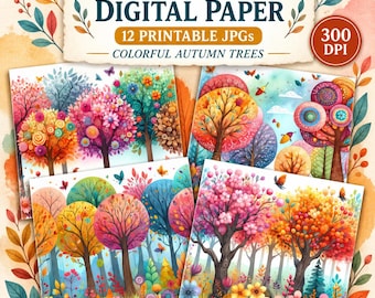Fall Digital Paper Pack, 12 Printable JPGs, Whimsical Autumn Trees for Junk Journals