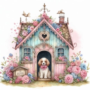 Zestaw clipartów Shabby Chic Dog House 10 wysokiej jakości akwareli JPG do dzienników śmieci, papierowych prac do scrapbookingu, pobieranie materiałów do druku w wersji cyfrowej