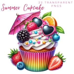 Bundle Cupcake d'été/22 PNGs premium de haute qualité/téléchargement numérique, fabrication de cartes, techniques mixtes, conception aquarelle, utilisation commerciale DTF