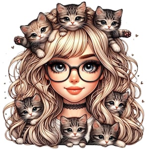Cute Girl with Kittens PNG Clipart, Blonde girl Her hair is made of kittens Design for T-Shirts, Kids, Stickers, Sublimation, Crafting &DIY