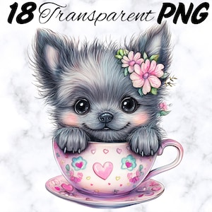 Pacchetto Clipart di Cuccioli in Tazze da Tè/18 PNG Trasparenti di Alta Qualità/Design Grazioso e Adorabile/Trasferimento DTF per Piccole Imprese POD/Scaricabile