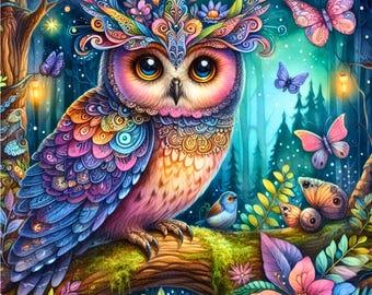 Paquete de imágenes prediseñadas de búhos del bosque encantado de fantasía / 10 búhos en acuarela para álbumes de recortes, creación de tarjetas, scrapbooking, arte imprimible y papeles digitales