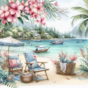 Shabby Chic Tropical Scenery ClipArt Bundle 10 Watercolour JPG Junk Journal Scrapbooking Card Making Digital Paper Prints Creation Printable