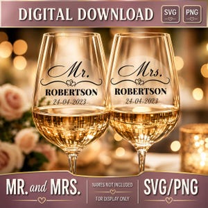 Mr and Mrs Wedding SVG, Champagne Glasses SVG for Cricut, Bride and Groom Wedding Glass PNG
