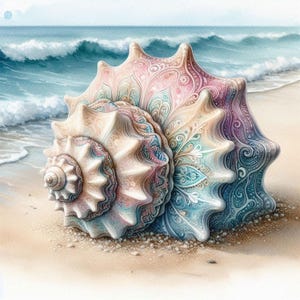Paquete de 10 imágenes prediseñadas de conchas marinas estilo shabby chic, archivos JPG de acuarela, diario basura, scrapbooking, creación de tarjetas, impresiones en papel digital, etiquetas imprimibles