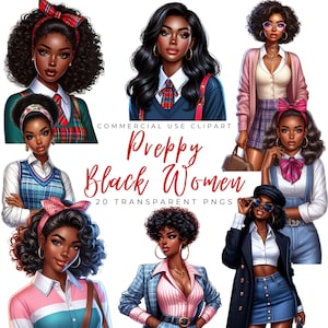 Preppy schwarze Frauen Clip Art Bundle / 20 hochwertige PNGs / schwarze Mädchen Drucke / afroamerikanische Frauen / schwarze Königin / modisches Mädchen Grafiken Handwerk