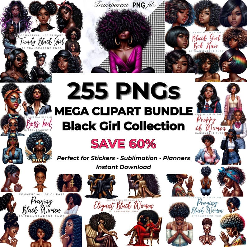 255 Black Girl Clipart Bundle PNG, Afro Woman Collection, Melanin Art Bundle, African American Clipart Set, Sublimation Designs image 17