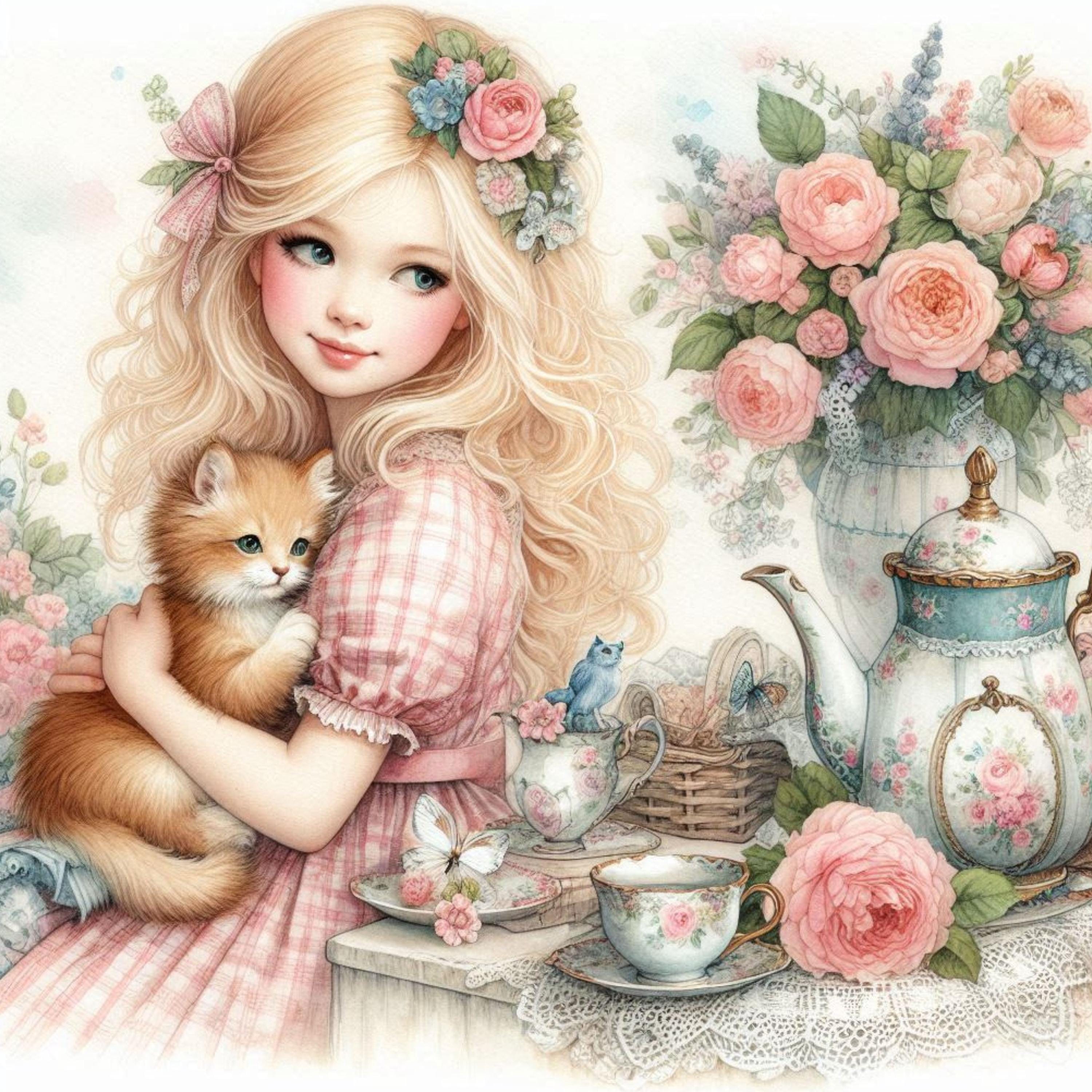 Shabby Chic Girl With Kitten Clipart Bundle/10 Watercolour JPG Junk ...