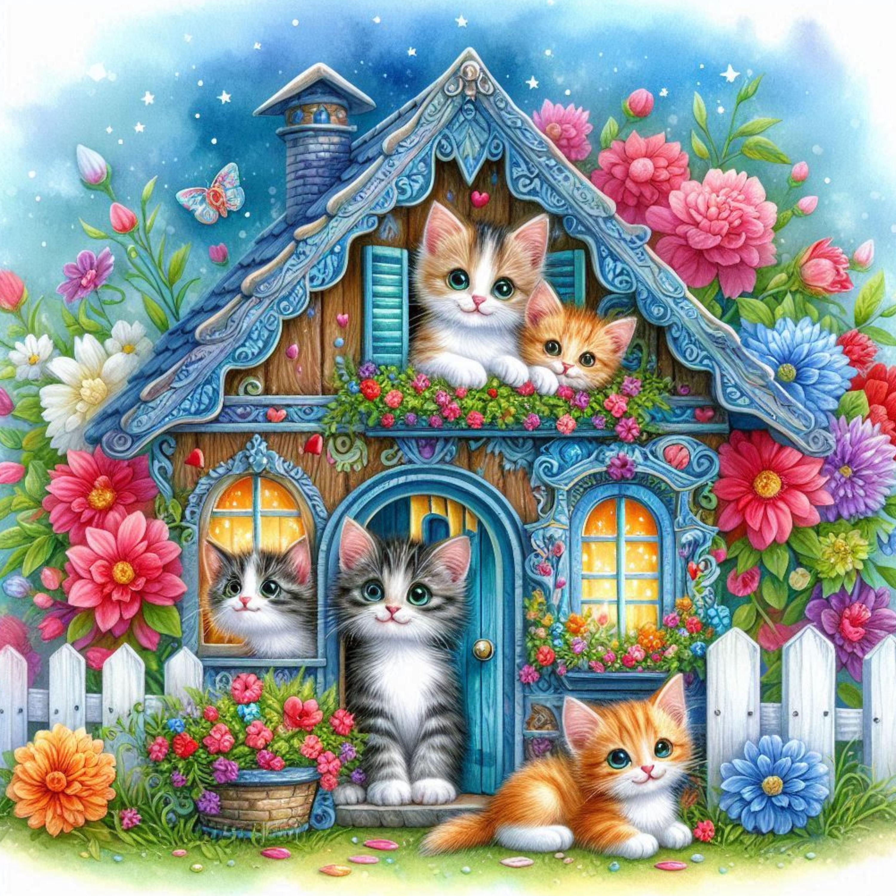 Whimsical Cat House Digital Papers, 10 Watercolor Jpgs, Cottagecore Cat ...