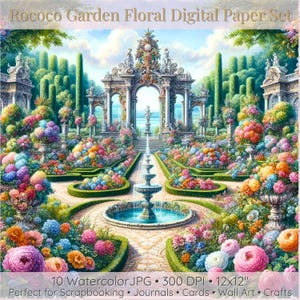 Rococo Garden Floral Digital Paper Set, Vintage Watercolor Flowers Backgrounds, Scrapbook, Junk Journal, Card Making, Elegant Clipart JPGs