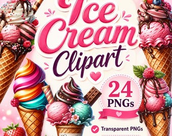 Ice Cream PNG Clipart Bundle, Cute Summer Dessert Graphics, Party Sticker Sublimation Designs, 24 PNG