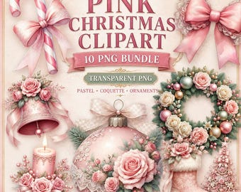 May include: A digital collection of pink Christmas clipart featuring a candy cane with a bow, a large pink bow, a floral bell, a candle, a rose-adorned ornament, a wreath, a stocking, and a tree. Text reads PINK CHRISTMAS CLIPART 10 PNG BUNDLE.