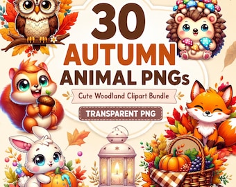 Woodland Animals Clipart Bundle, 30 Cute Autumn Forest PNG, Watercolor Fall Scrapbooking Download