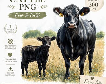 Cattle PNG, Cow and Calf, Beef cows PNG, Black Angus, digital download, Cow clipart, watercolor cow png, Farm clipart, Calf clipart 01