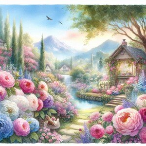 Lot de 10 cliparts shabby chic jardin fleuri, papier numérique, JPG aquarelle, carnet de scrapbooking, impressions sur papier, création d'étiquettes, imprimables