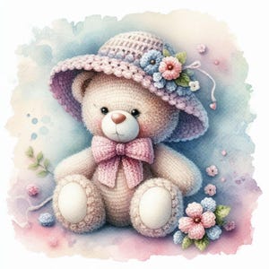 Shabby Chic Crochet Teddy Bear Clip Art Bundle/12 Watercolour JPGs Junk Journal Scrapbooking Card Making Digital Prints Creation Printables