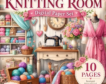 Papel digital estilo shabby chic para sala de tejer, fondos acogedores para sala de manualidades, páginas para diario creativo de lanas y costura.