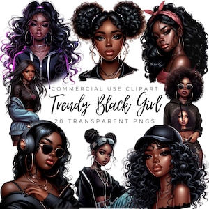Tendance fille noire Clip art Bundle/28 haute qualité PNG/Fashionable Girl Graphics/Black Woman/afro denim Planner girl/African American Ladys