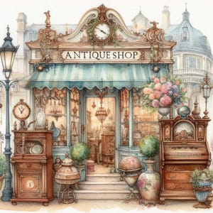 Lot de 10 cliparts Shabby Chic Antique Shop aquarelle JPG Junk Journal, papier de scrapbooking, fabrication de cartes, impressions numériques, création d'étiquettes imprimables