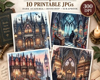Gothic Digital Paper Pack, 10 Dark Academia Bookshop JPGs, Junk Journal Scrapbook Paper