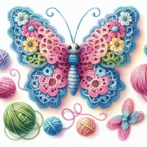 Pacote de clip art de borboleta de crochê chique e chique com 12 JPGs em aquarela, diário de scrapbooking, criação de cartões, impressões digitais, imprimíveis