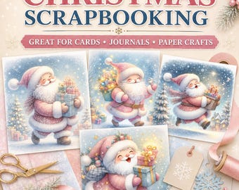 May include: A digital collection of Christmas scrapbooking graphics featuring four distinct illustrations of Santa Claus in a pink suit carrying wrapped gifts. The text reads CHRISTMAS SCRAPBOOKING, GREAT FOR CARDS, JOURNALS, PAPER CRAFTS, and 300 DPI.