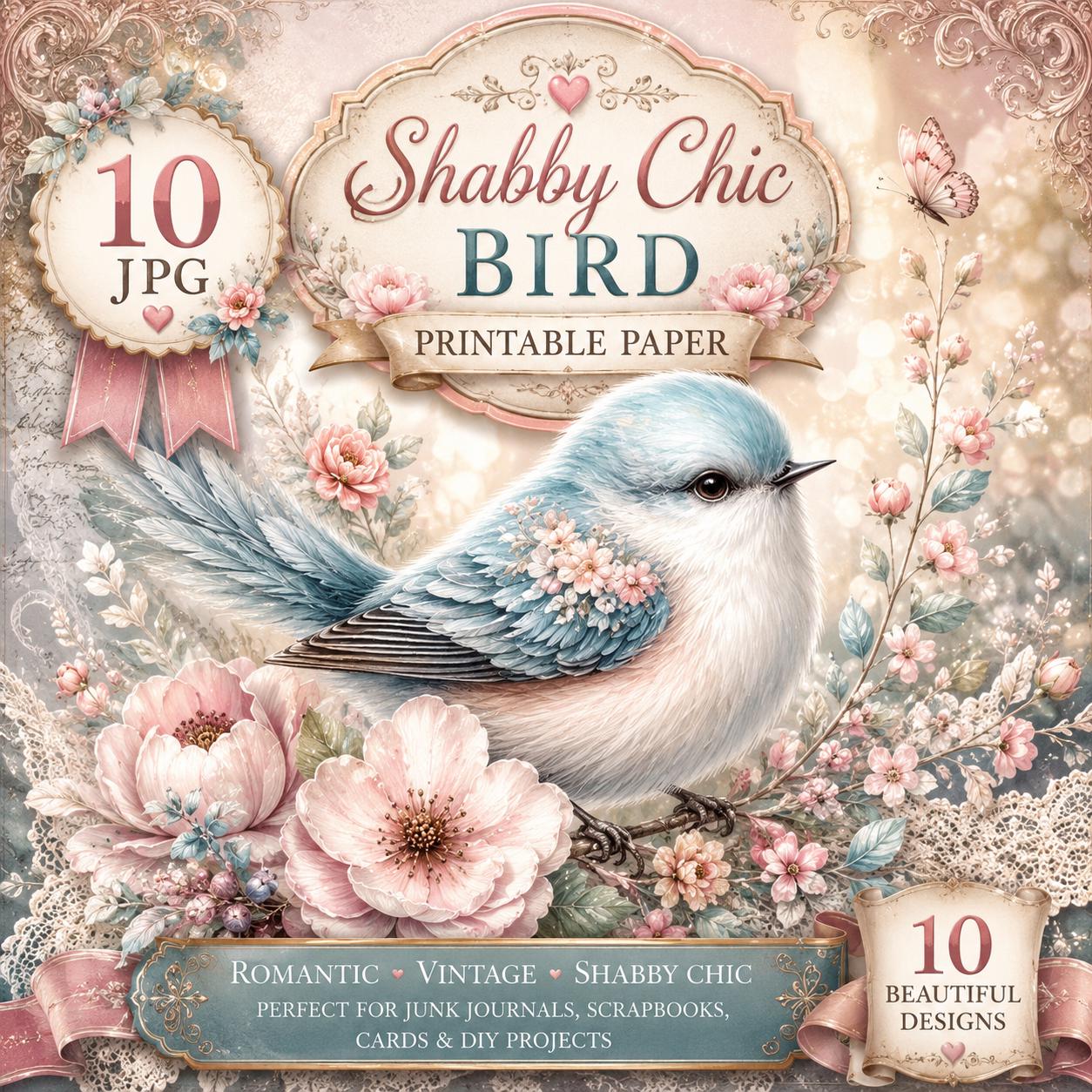 Shabby Chic Bird Printable Paper Bundle, Vintage Floral Bird Junk ...