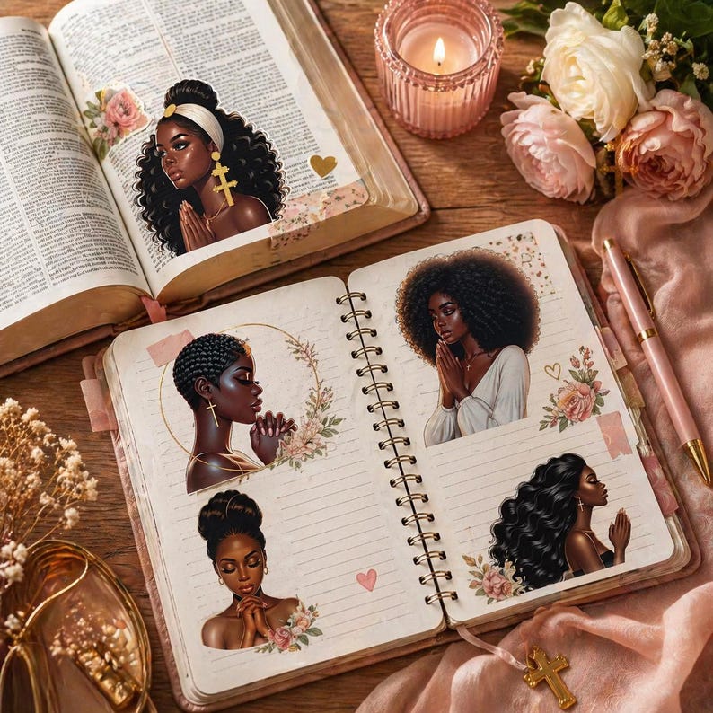 Black Girl Praying Clipart Bundle PNG – African American Faith Prayer Woman Art for Christian Planners, Journals, Devotionals & Scrapbook image 2