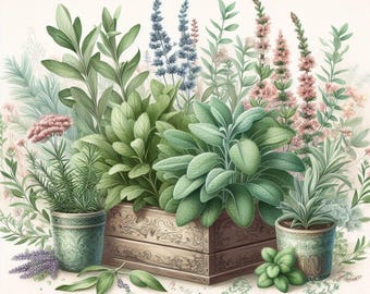 May include: Watercolor illustration of a vintage herb garden with various green herbs and flowers in pots and a wooden planter. The image includes text that reads "Vintage Herb Garden Botanical" and "12 Premium Watercolor JPG".
