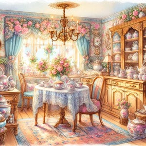 Shabby Chic Tea Room Clipart Bundle, Vintage Tea Set Illustrations, Romantic Floral JPG, Cottagecore Scrapbook & Junk Journal Graphics Craft