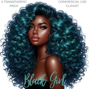 Clipart cheveux fille noire turquoise/4 PNG Premium de haute qualité/graphiques à la mode/femme noire/afro denim planner/afro-américain Ladys DTF