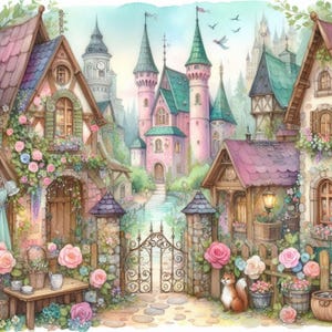 Bundle de cliparts village conte de fées shabby chic/10 aquarelle JPG indésirable journal/scrapbooking/fabrication de cartes/fichier numérique/impression papier/imprimés