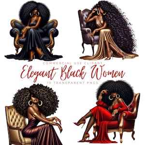 Ensemble de clip art élégant femmes noires/10 PNGs fond Transparent/graphiques pour petites entreprises & POD/fille noire de luxe en téléchargement numérique 02