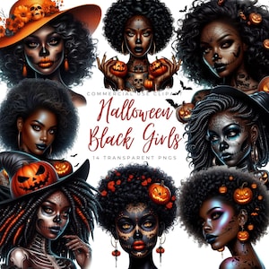 Halloween Black Girl Clipart Bundles/14 HQ Craft PNGs/Afro Women Graphics/Black Woman/African American Women/Black Queen/Black Lady/Digital