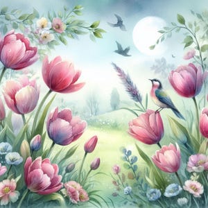 Shabby Chic Spring Tulips Scenery Clip Art Bundle 10 Watercolour JPG Junk Journal Scrapbooking Digital Paper Prints Creation Printables