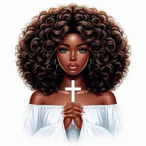 Afro girl praying with curly hair and soft warm lighting