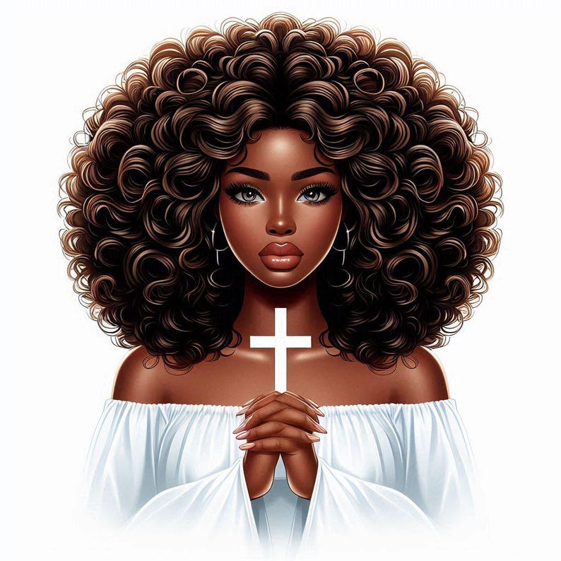 Afro girl praying with curly hair and soft warm lighting