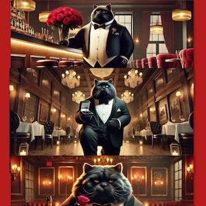 Romantic Black Cat Art Set – 3 Digital 8K Prints | Proposal, Dinner, Roses | Elegant Feline Wall Decor | Instant Download