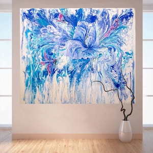 Extra Large Abstract Floral Painting: Blue Bird Art on Canvas (170x140 cm)