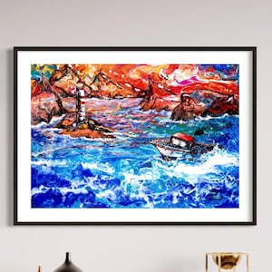 Quadro Acrilico Paesaggio Marino con Faro e Pescatori – Grande Tela 100x70 cm – Arte Nautica Moderna Dipinta a Mano
