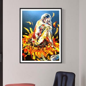 Dipinto Simbolico su Carta Nera – Arte Espressiva con Figura Femminile e Girasole – Acrilico Originale 100x70 cm