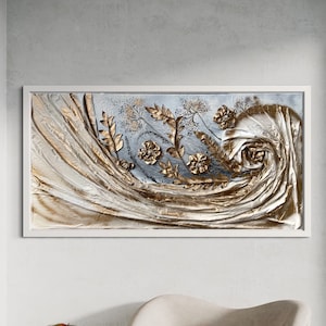 Eleganza Botanica Dorata – Quadro 3D Materico 100x50 cm su Tela, Arte Mista  con Fiori e Tessuti, Orientamento Verticale o Orizzontale